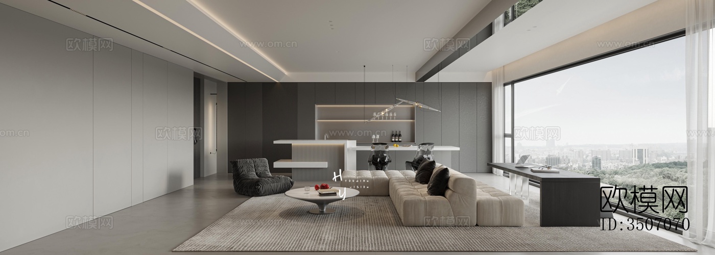 现代大平层效果图下载（渲染图12）