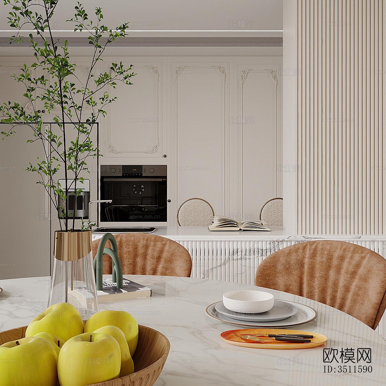 奶油风客餐厅效果图下载（渲染图4）