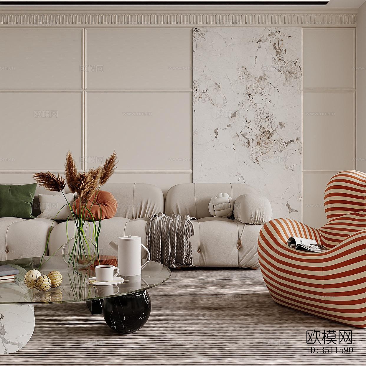 奶油风客餐厅效果图下载（渲染图3）