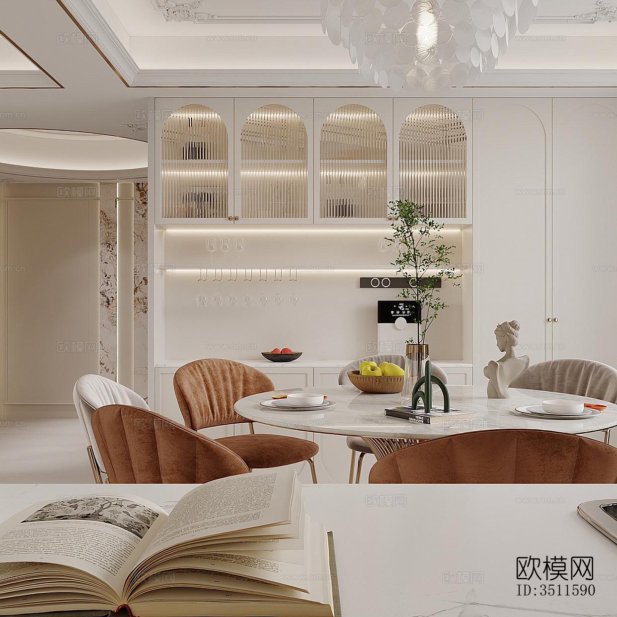 奶油风客餐厅效果图下载（渲染图1）