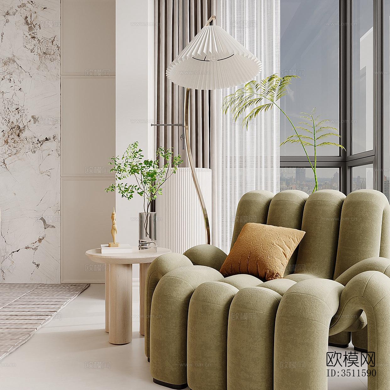 奶油风客餐厅效果图下载（渲染图7）