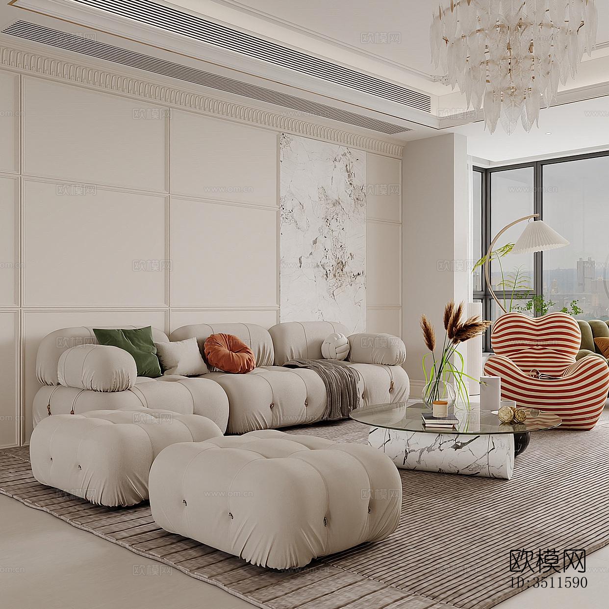 奶油风客餐厅效果图下载（渲染图12）