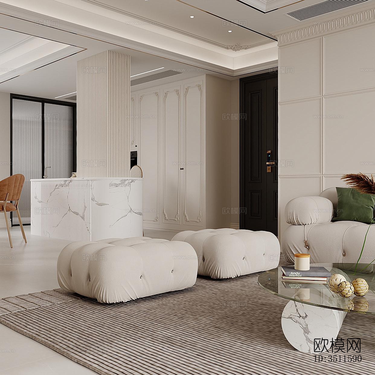 奶油风客餐厅效果图下载（渲染图13）