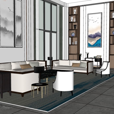  新中式别墅大堂su模型 