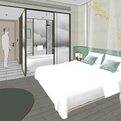  新中式酒店双人套房su模型 