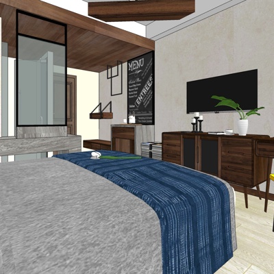  现代酒店双人套房su模型 