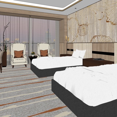  现代酒店双人套房su模型 
