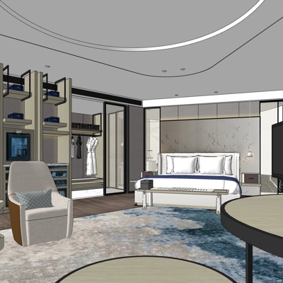  新中式酒店客房su模型 