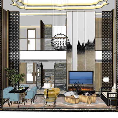  新中式别墅客厅餐厅su模型 