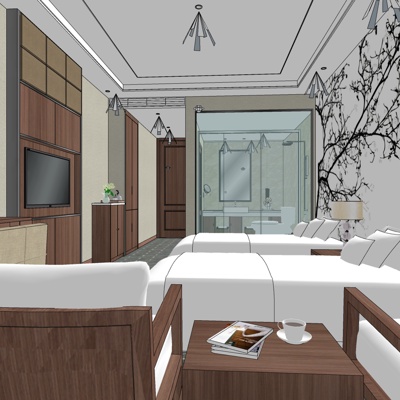  现代酒店双人套房su模型 