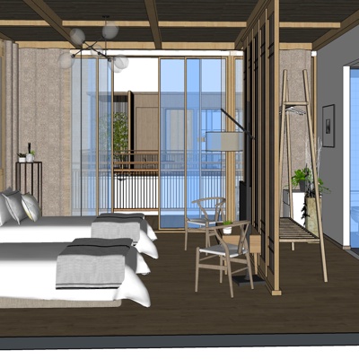  新中式酒店双人套房su模型 