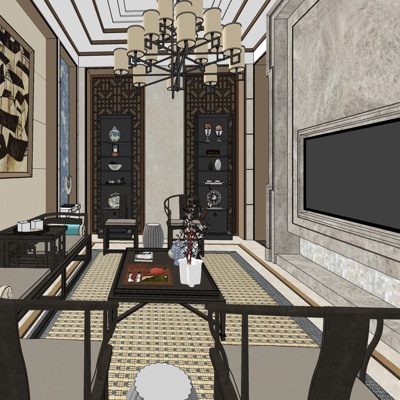 新中式别墅大堂su模型 