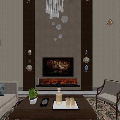  新中式别墅大堂su模型 