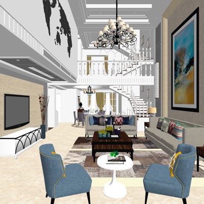  简欧别墅大堂su模型 