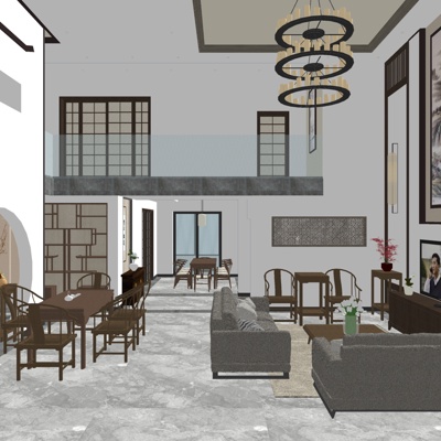  新中式别墅大堂su模型 