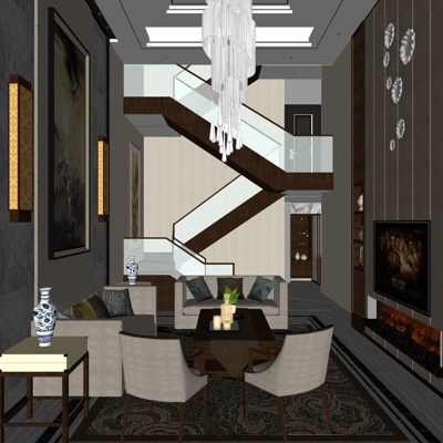  现代别墅大堂su模型 