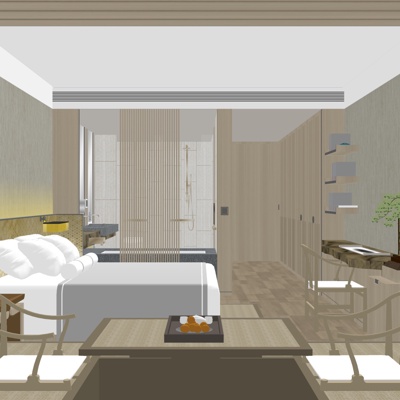  新中式酒店客房su模型 