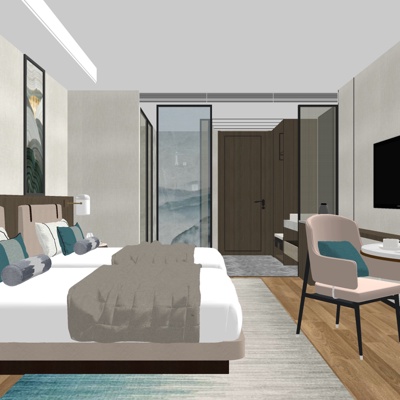  现代酒店标间客房su模型 