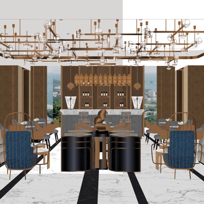  现代轻奢西餐厅su模型 