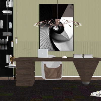  现代实木班台桌su模型 