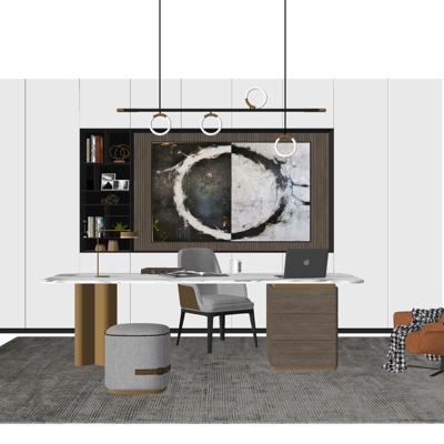  现代轻奢班台桌su模型 