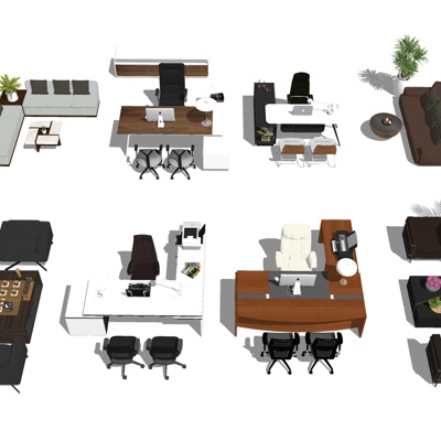  现代班台桌办公沙组合su模型 