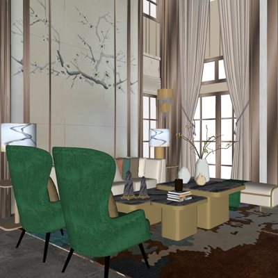  新中式别墅大堂su模型 