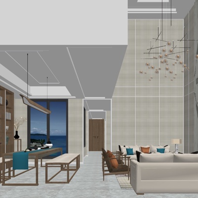  新中式别墅大堂su模型 