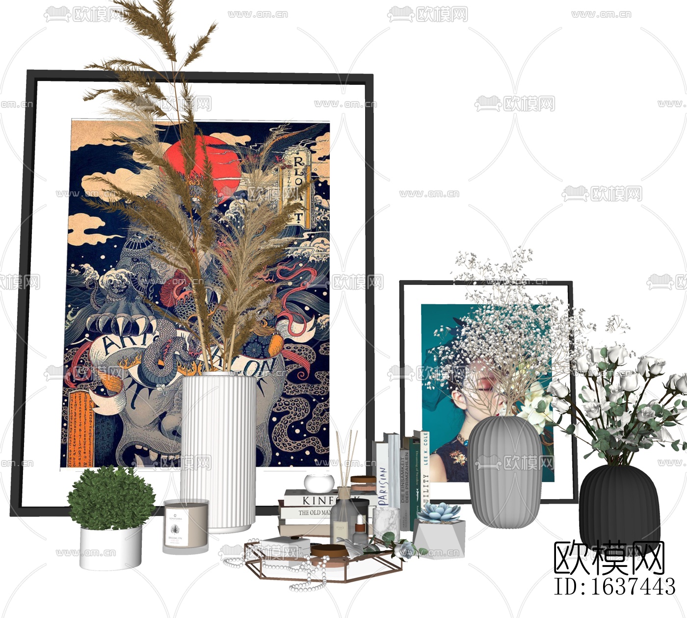 现代装饰画花瓶摆件免费su模型下载