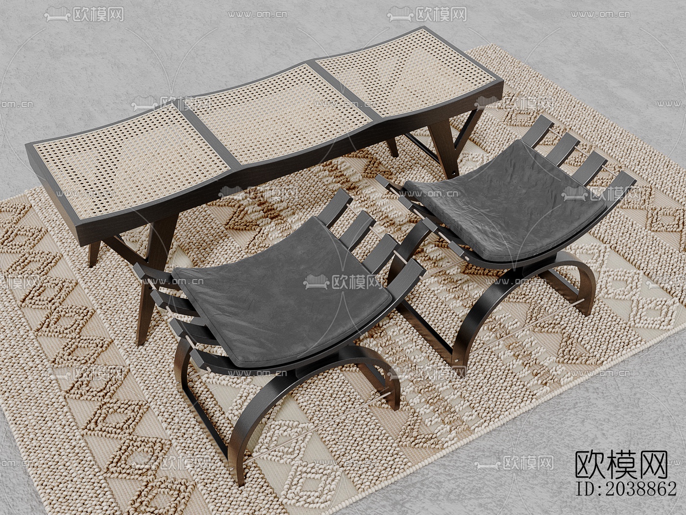 侘寂风藤编长凳su模型下载