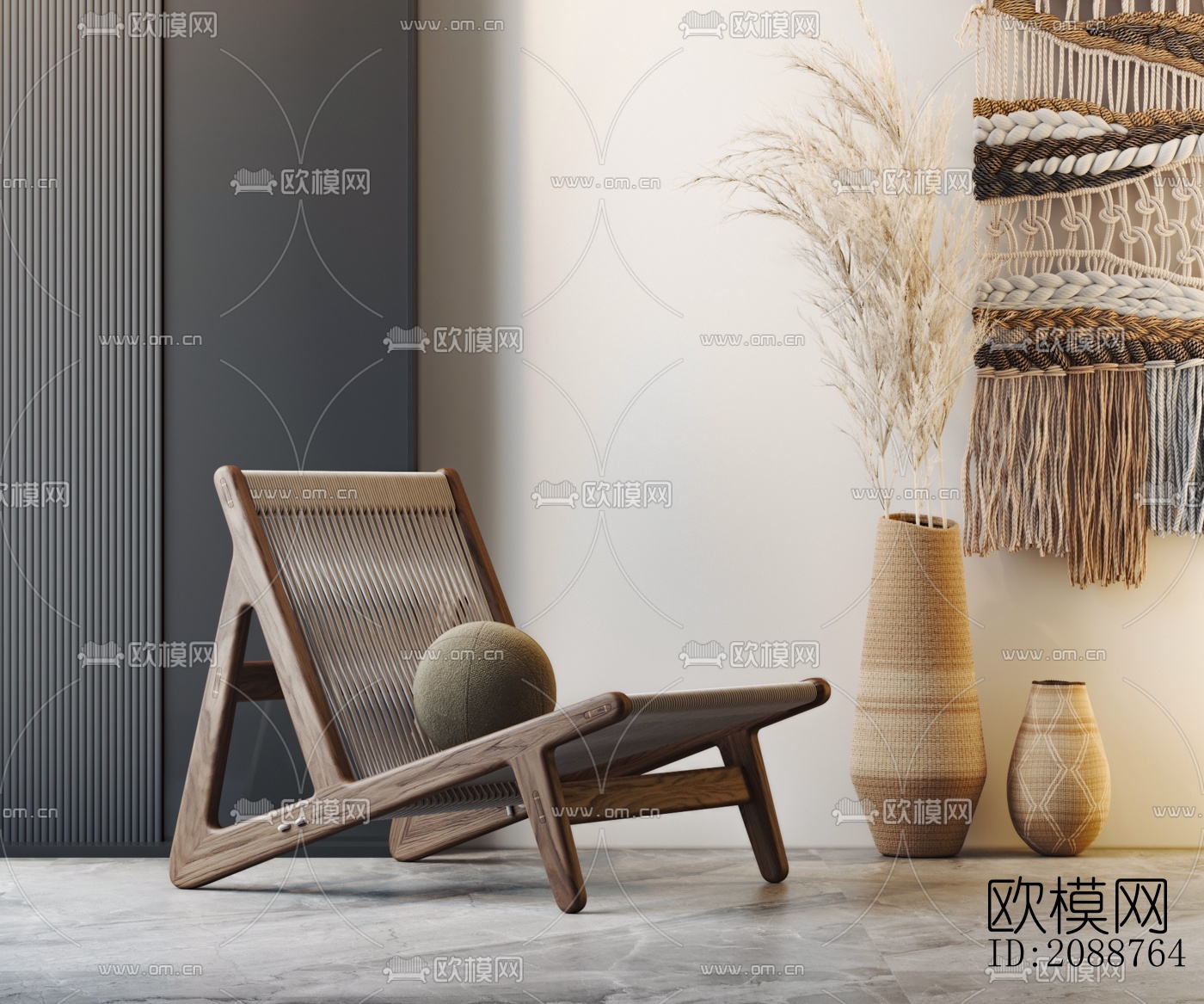 侘寂风绳编躺椅su模型下载