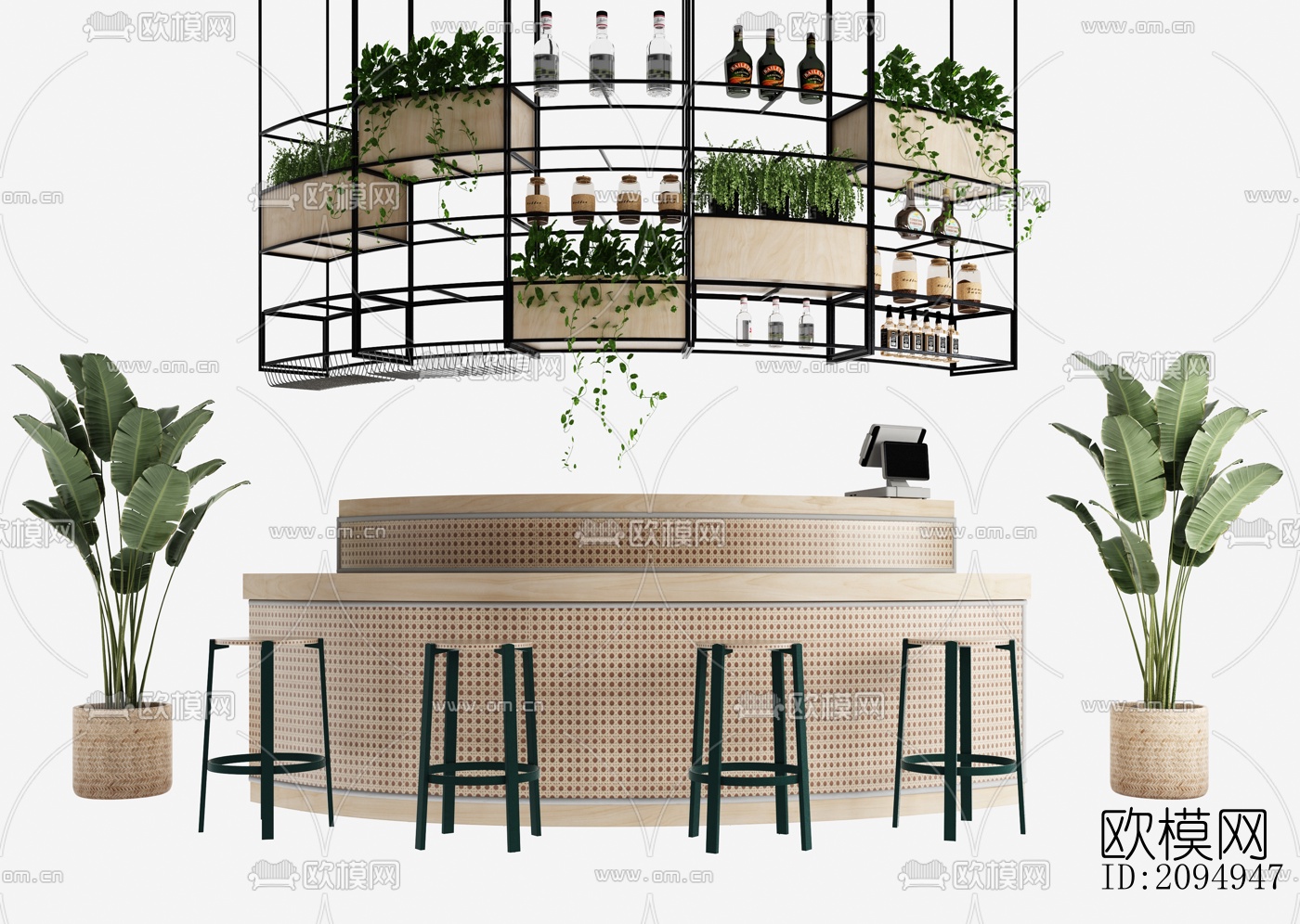 现代弧形吧台吧椅酒架组合su模型下载