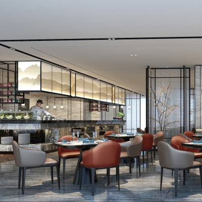 新中式酒店自助餐厅3d模型