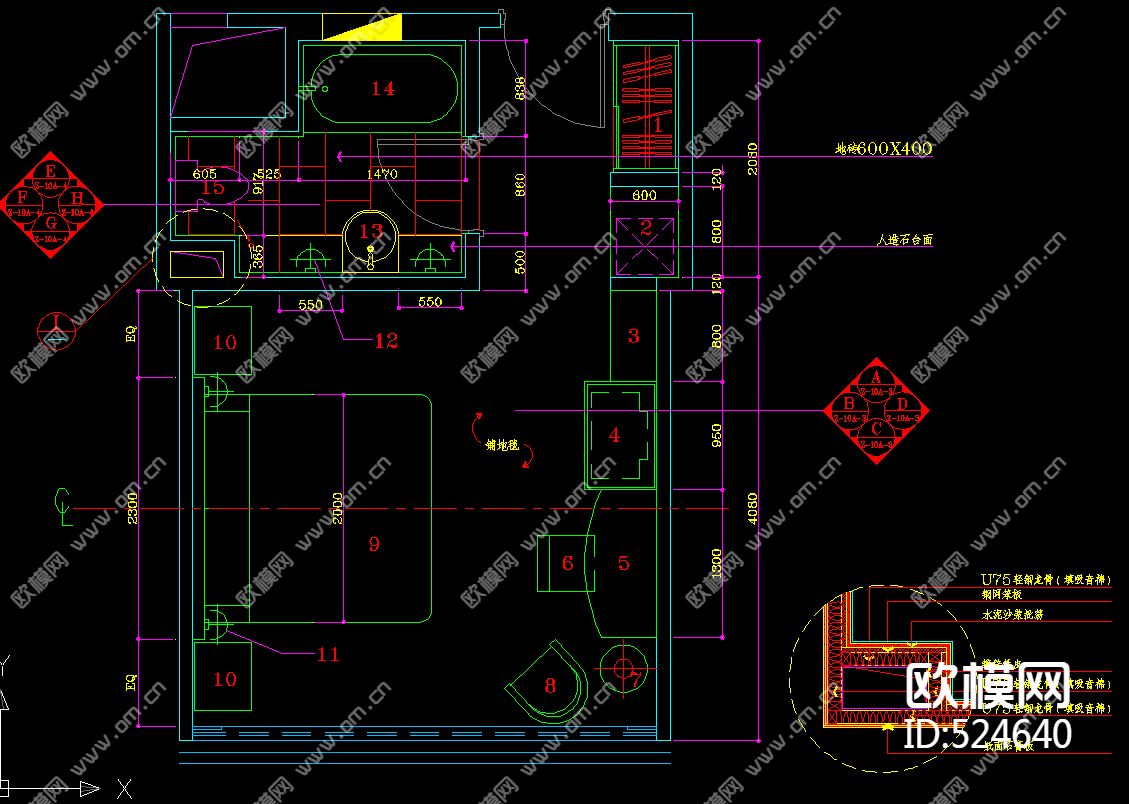 四星级酒店标间施工图下载（渲染图1）