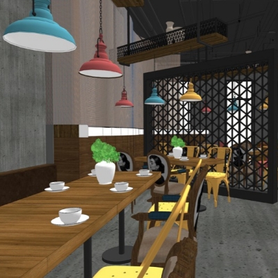  工业风主题餐厅su模型 
