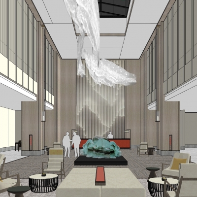  新中式酒店大堂su模型 