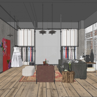  工业风服装店su模型 