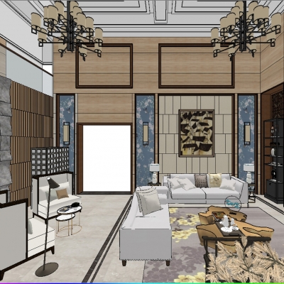  中式别墅大厅su模型 