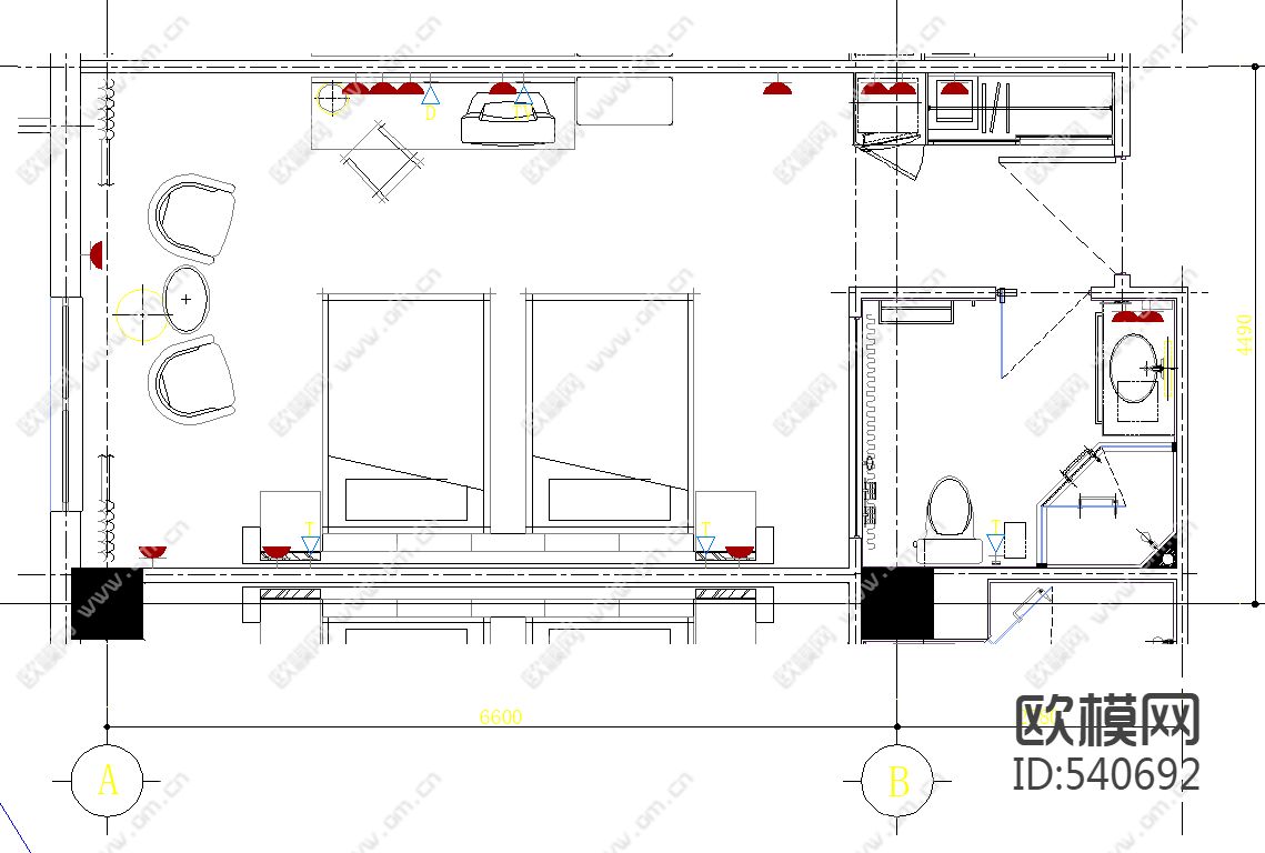 酒店标间样板房施工图下载（渲染图1）