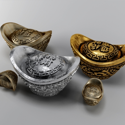 新中式古代金子银子元宝3d模型