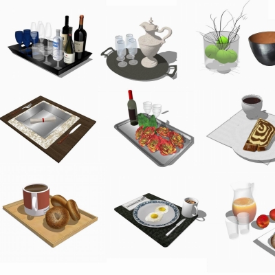  现代餐具酒水食品组合su模型 