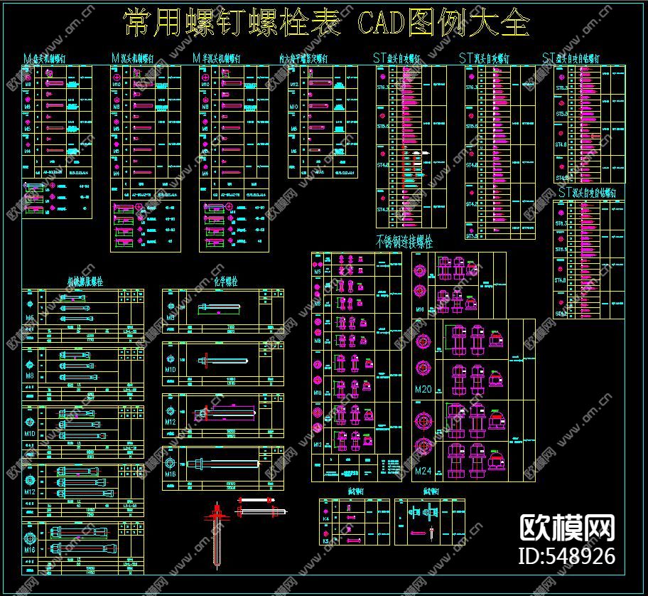 常用螺钉螺栓表 cad图例大全