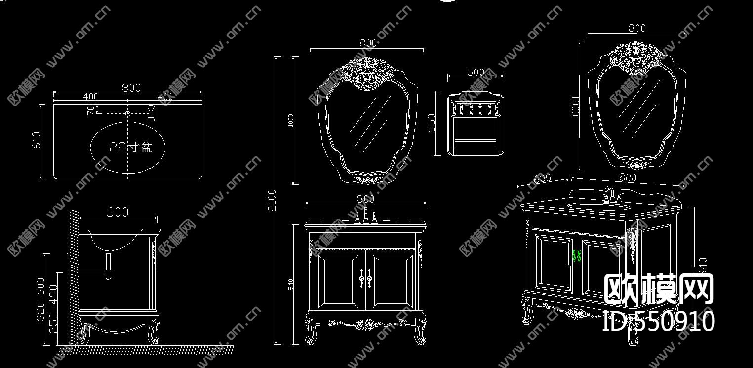 浴室柜台盆 CAD三视图库（三）下载（渲染图2）
