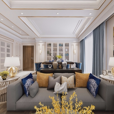 简欧客厅餐厅厨房全景3d模型