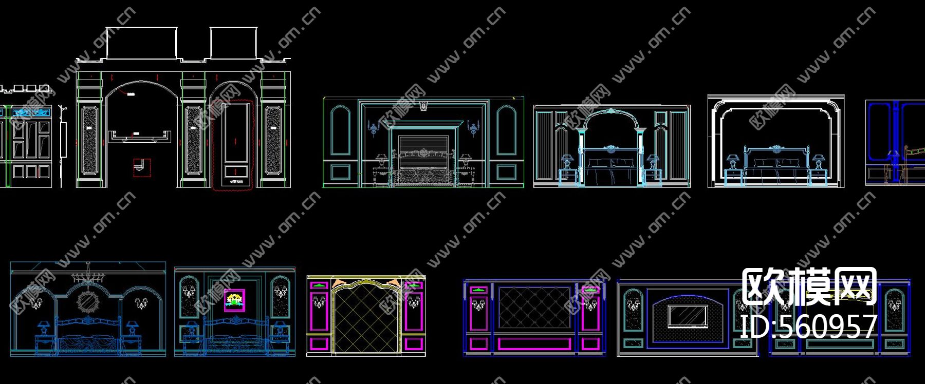 高档欧式法式美式别墅客厅餐厅背景下载（渲染图1）