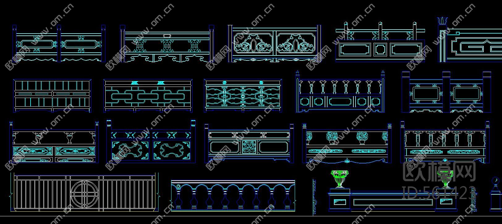 欧式 中式 栏杆 扶手 CAD图库下载（渲染图1）