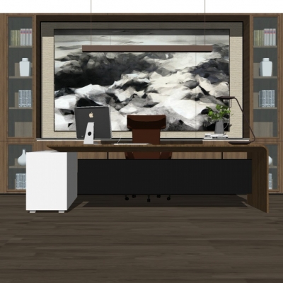  现代大班台办公桌椅组合su模型 