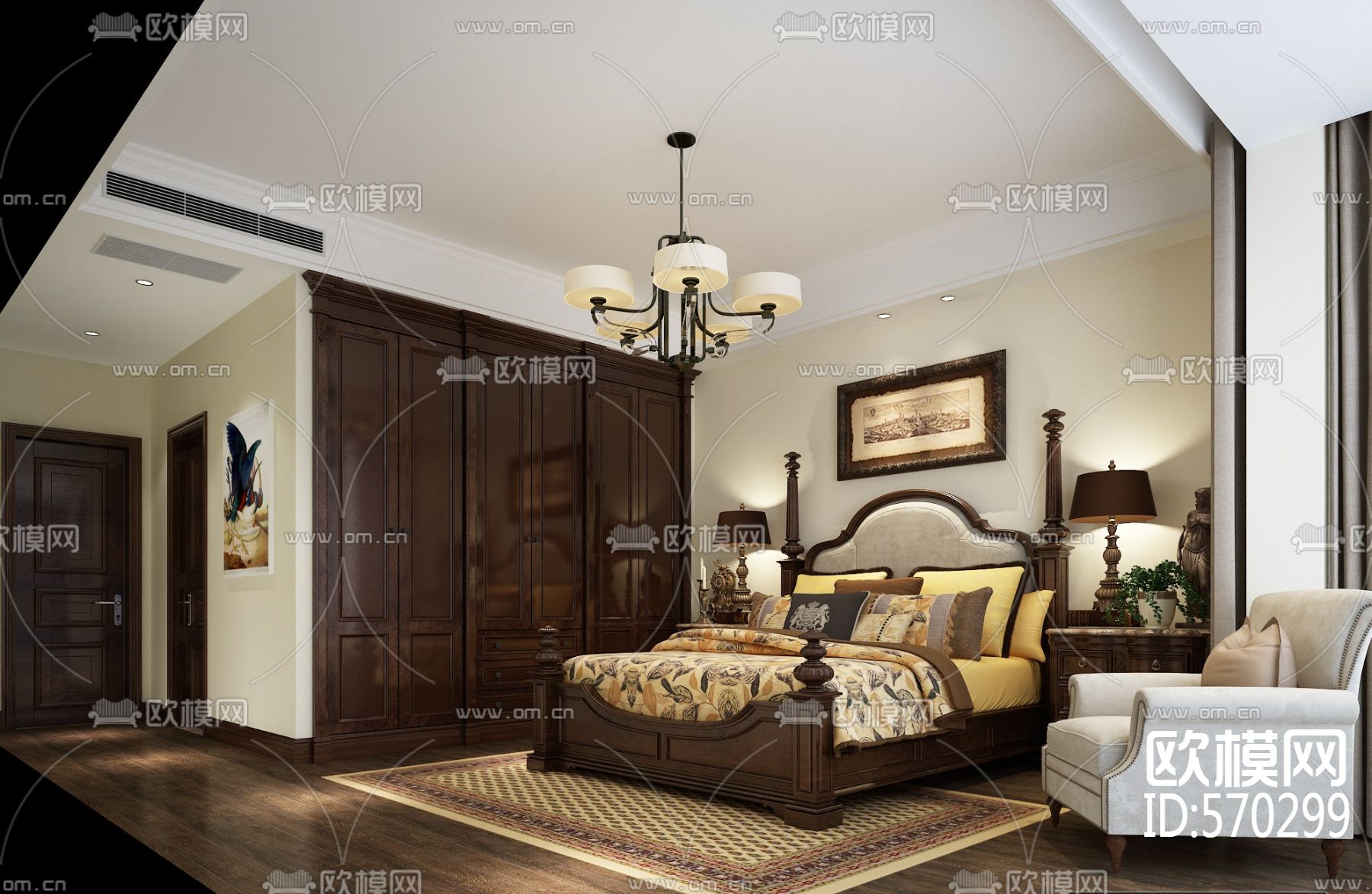 美式四室两厅CAD施工图下载（渲染图3）