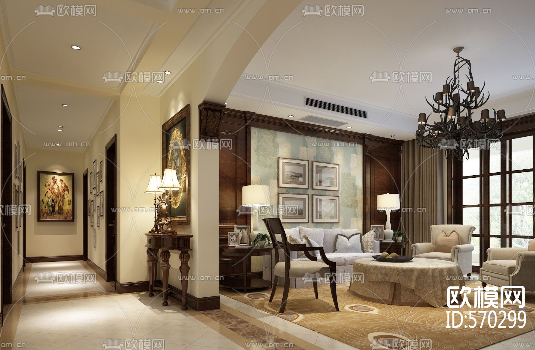 美式四室两厅CAD施工图下载（渲染图4）