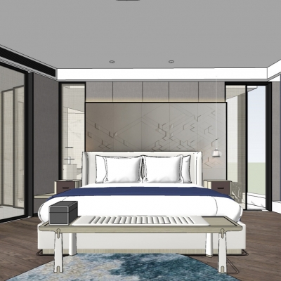  新中式酒店客房su模型 